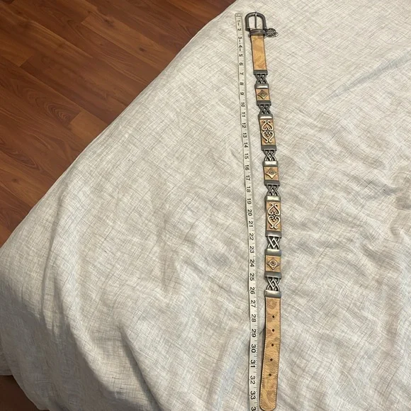 Streets Ahead Santa Monica tan leather belt with silver, turquoise, and …